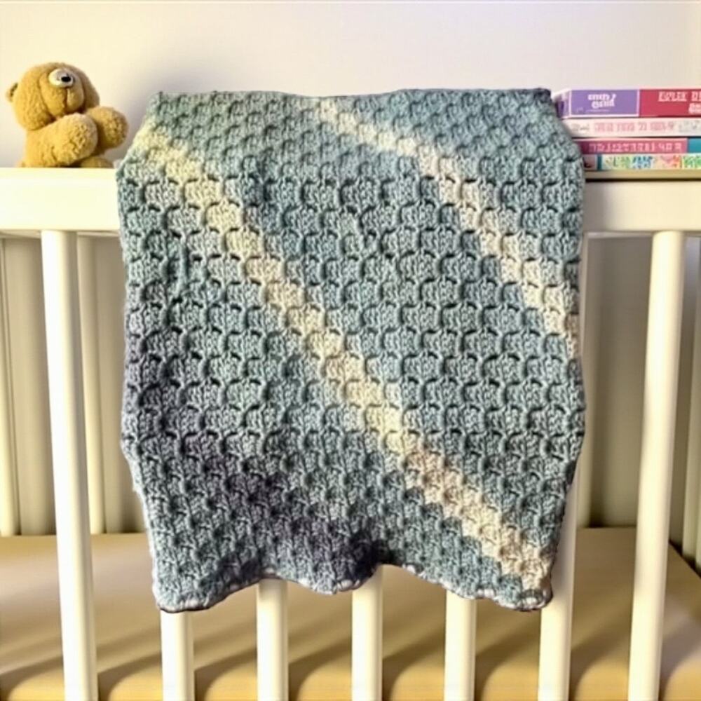 Handmade Crochet Baby Blanket-Blue Gray Afghan Throw-Vintage Nursery-Cottagecore